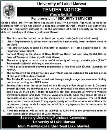 University of Lakki Marwat Tender Notice